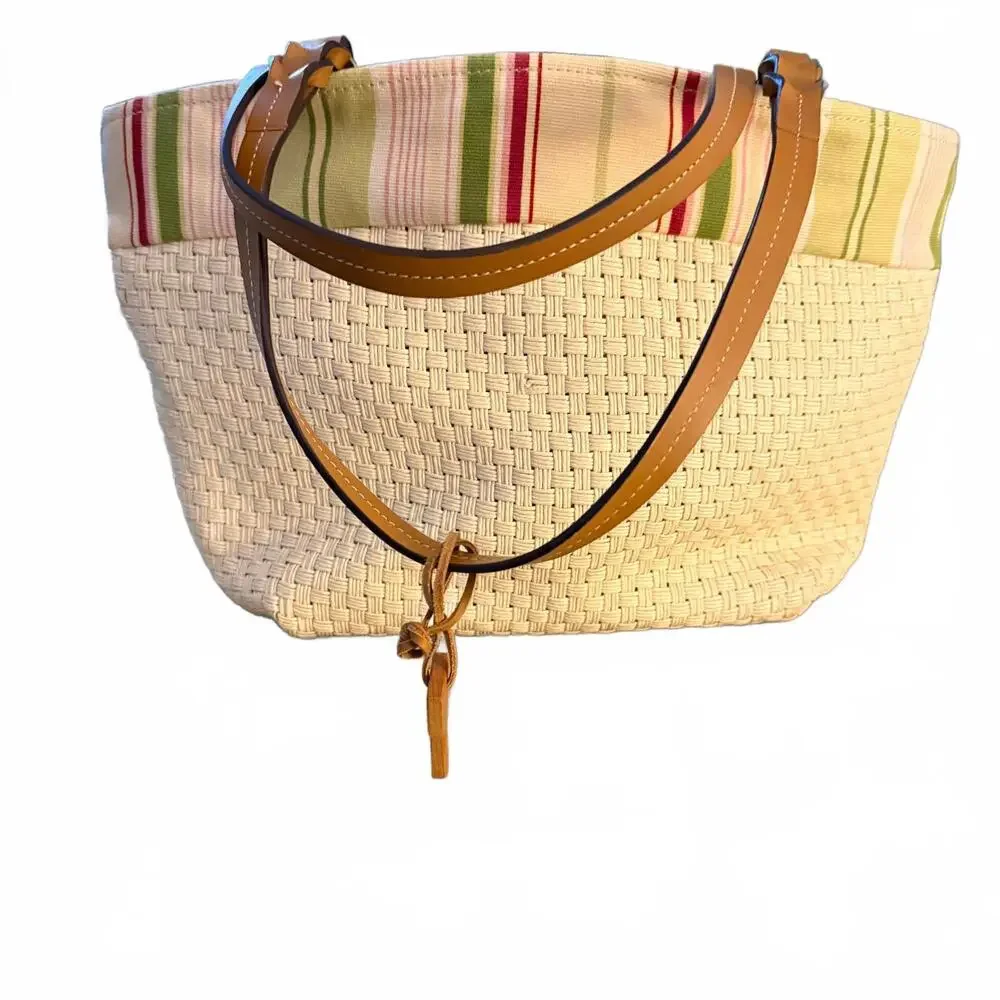 FOSSIL Straw Pink/Green Canvas Nautical Satchel Purse Preppy Cottage‎ Core